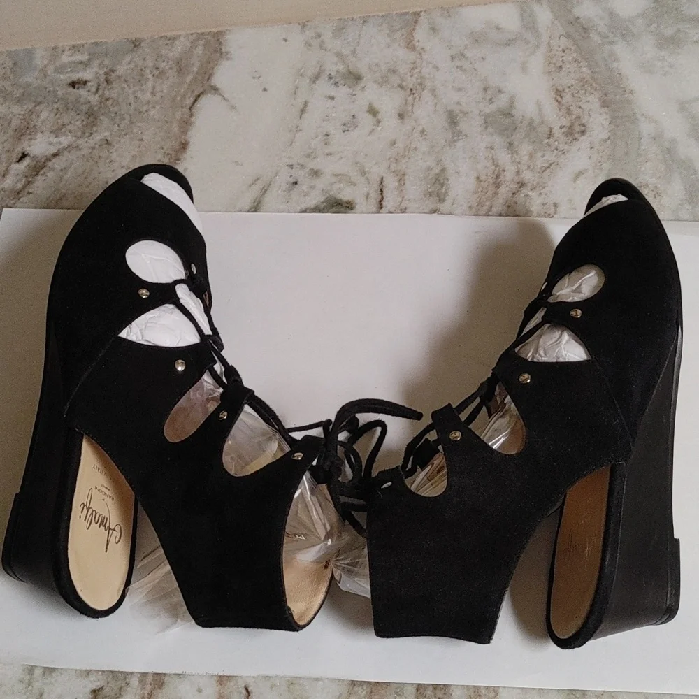 Amalfi By Rangoni Firenze Black Suede Wedge Lace Up Open Toe Ankle Sandals 8M